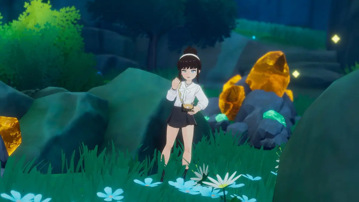 Character with white shirt, black skirt, and brown hair in bun standing in a dark forest in front of rocks with ores in starsand island