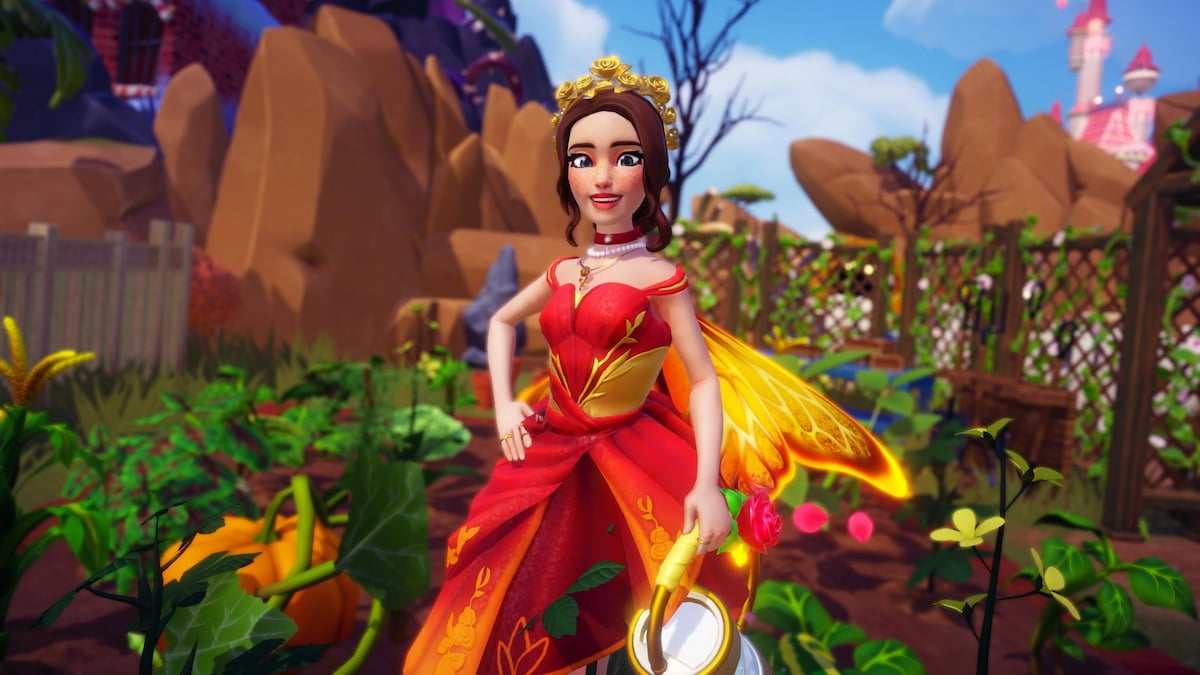 Player in red and gold dress standing in garden holding watering can in disney dreamlight valley