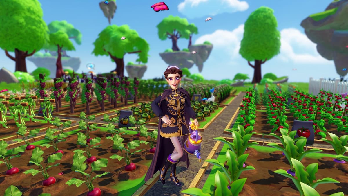 Player holding watering can in middle of field of crops in disney dreamlight valley
