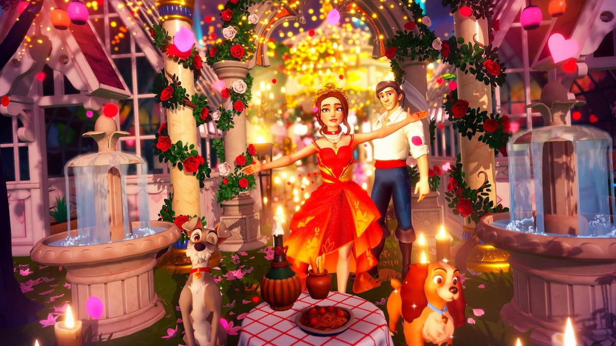 Standing with Lady, tramp, and eric at dinner outside in disney dreamlight valley