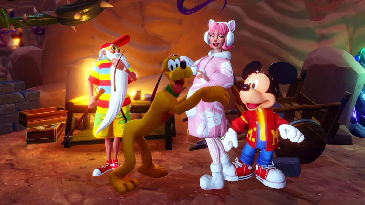 Standing with Pluto, mickey, and merlin in the mines in disney dreamlight valley