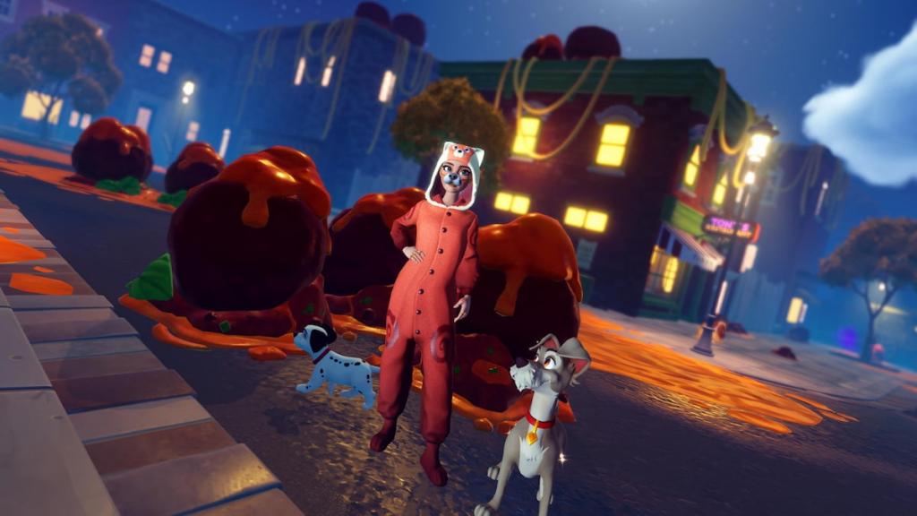 Player standing with tramp in front of some meatballs in disney dreamlight valley