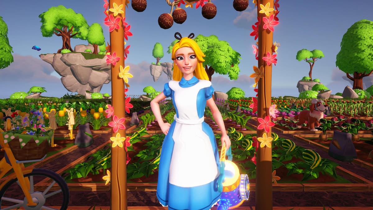 Player standing holding watering can in front of crop field in disney dreamlight valley