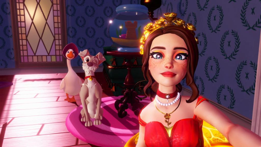 Player taking picture with Tramp in disney dreamlight valley