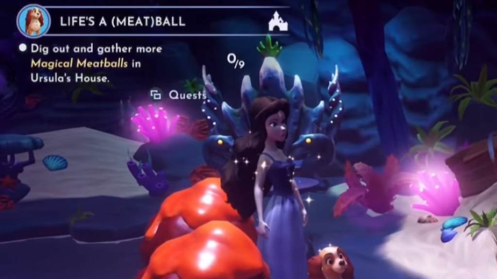 Ursula and Lady standing in Ursula's house by meatballs in disney dreamlight valley