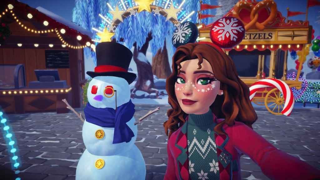 Wearing festive holiday mickey ears and taking picture with snowman in disney dreamlight valley