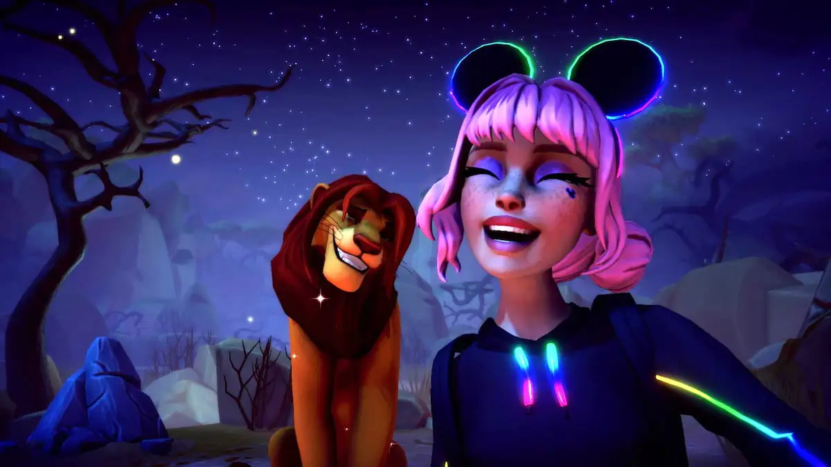 Player wearing rainbow and black mickey ears taking picture with Simba in disney dreamlight valley