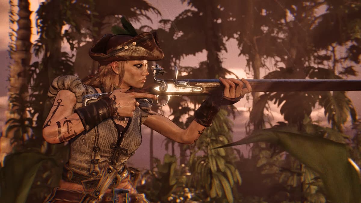 A character in Windrose holding a musket.