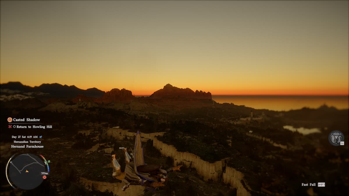 Kliff skydiving in Crimson Desert while the sun sets behind him.