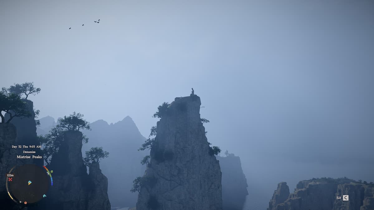 A Buddha statue at the top of a massive rock formation in Crimson Desert's Jijong Temple.