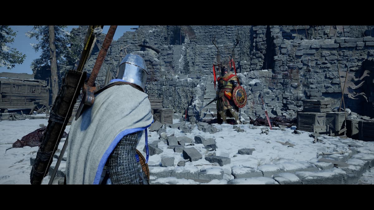 The Staglord boss in Crimson Desert starting down Kliff, the progatonist in a snowy castle.