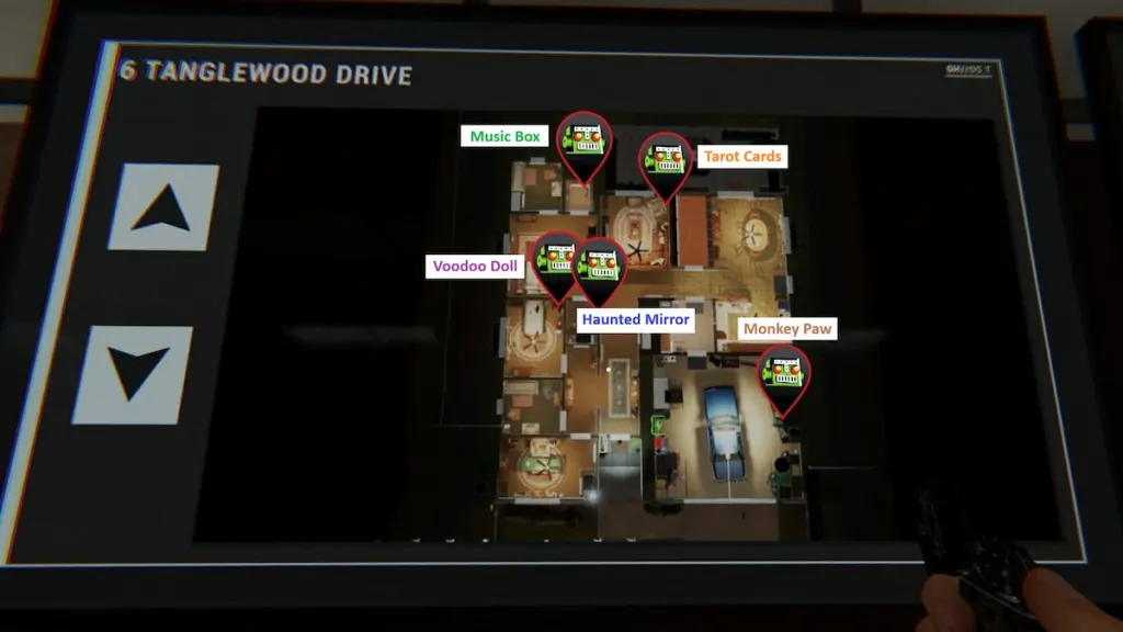 All cursed objects on 6 tanglewood drive main floor marked on map in phasmophobia