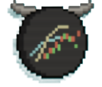 A black coin with bull horns and stock charts inside