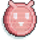 A pink coin with bunny ears and a white smiling face