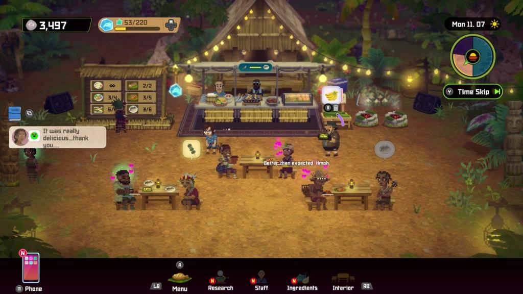 Dave serving a meal to customers in the new Bancho Grill restaurant from the In The Jungle DLC.