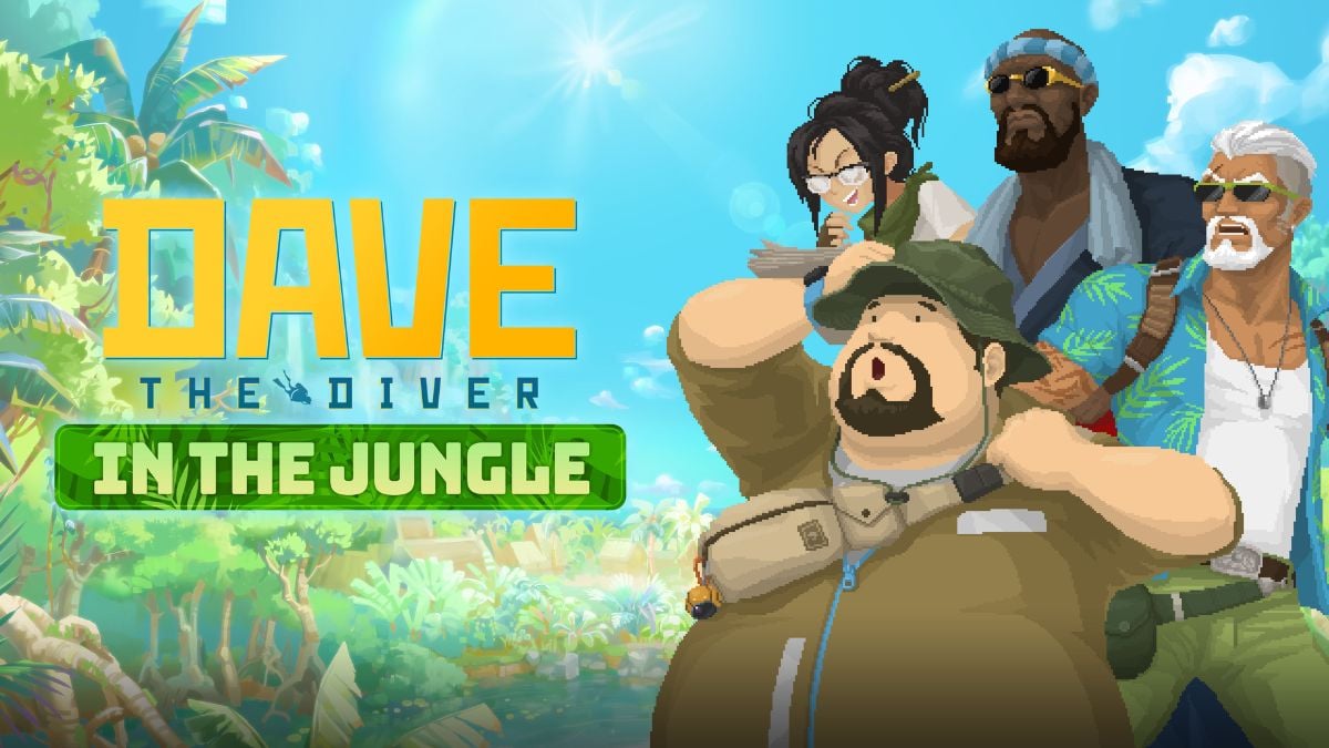 Dave the Diver key art for the In The Jungle DLC, featuring Dave, Bancho, Cobra, and what appears to be a new female character.