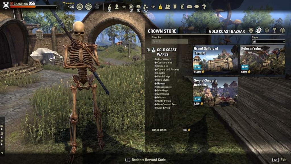 A player opens the Gold Coast Bazaar menu from the Crown Store in ESO.
