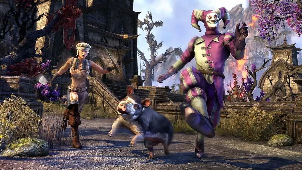 A Jester runs through Ebonheart with a pig in tow, while being chased by a female Nord butcher.