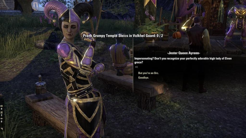 An orc impersonating the Altmer Queen Ayreen as part of Jester's Festival in ESO.