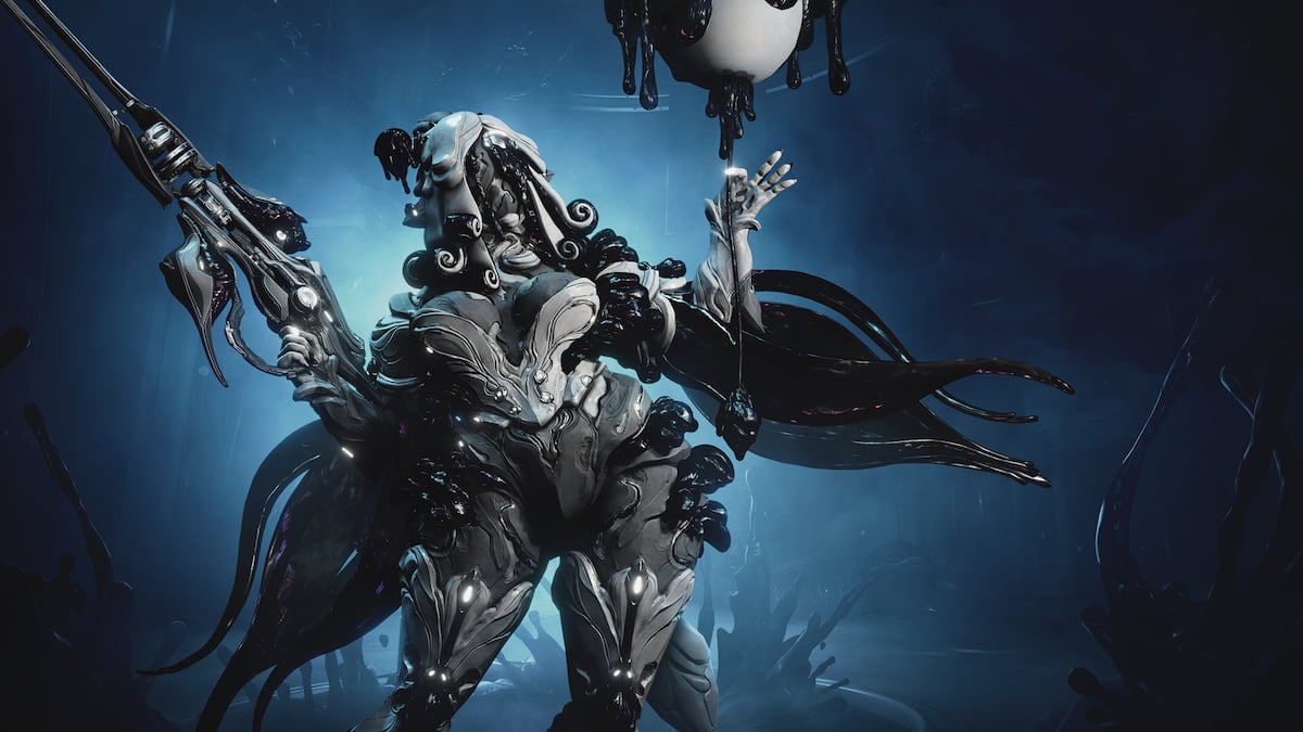 Follie, a female, ink-themed warframe, holds her signature rifle and a white, ink-covered balloon.