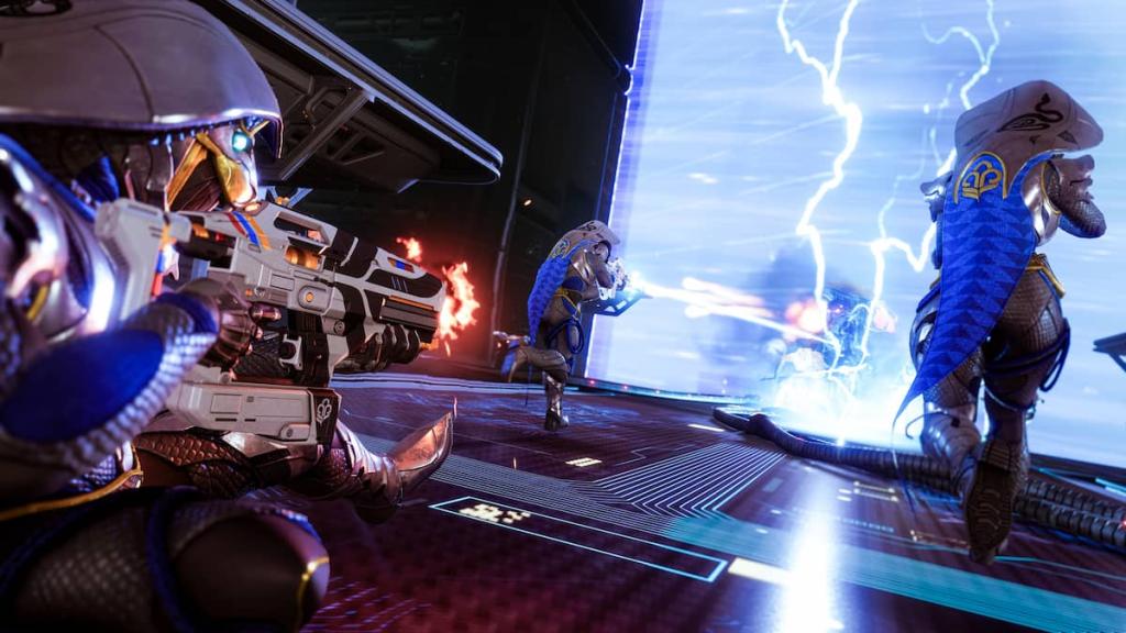 Three Hunters clad in Guardian Game gear take on the Technocrat in Destiny 2.