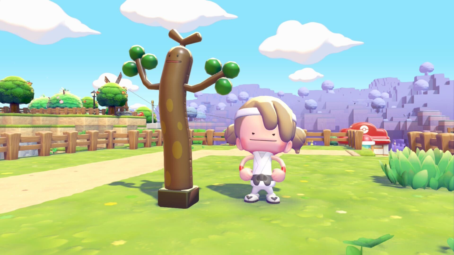 The ditto character in Pokopia stands proudly next to an inflatable sudowoodo