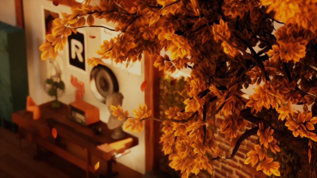 Zoomed in picture on autumn leaves in the artist studio level of Hozy.