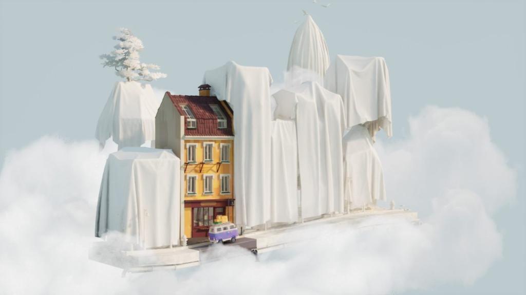 The first house unveiled in Hozy with rest covered in cloth