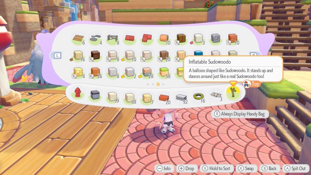 A player's inventory in Pokopia showing the Inflatable Sudowoodo toy