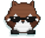 A coin in the shape of a raccoon head wearing sunglasses