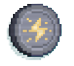 A grey coin with a lightning bolt in the middle