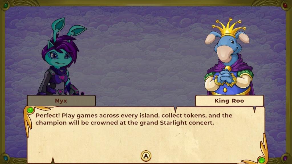 Nyx, an Aisha from Neopets, and King Roo, a blumaroo, appear on the screen with a beige dialogue box between them.