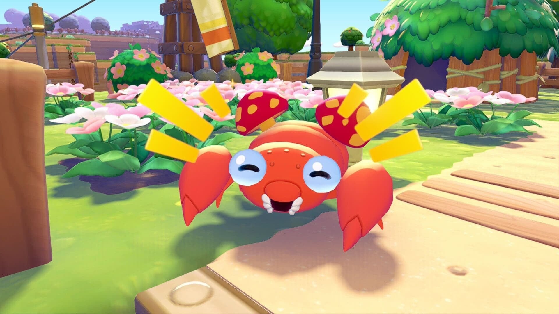 Paras, an orange hermit crab creature with two red mushrooms on its head, in Pokopia