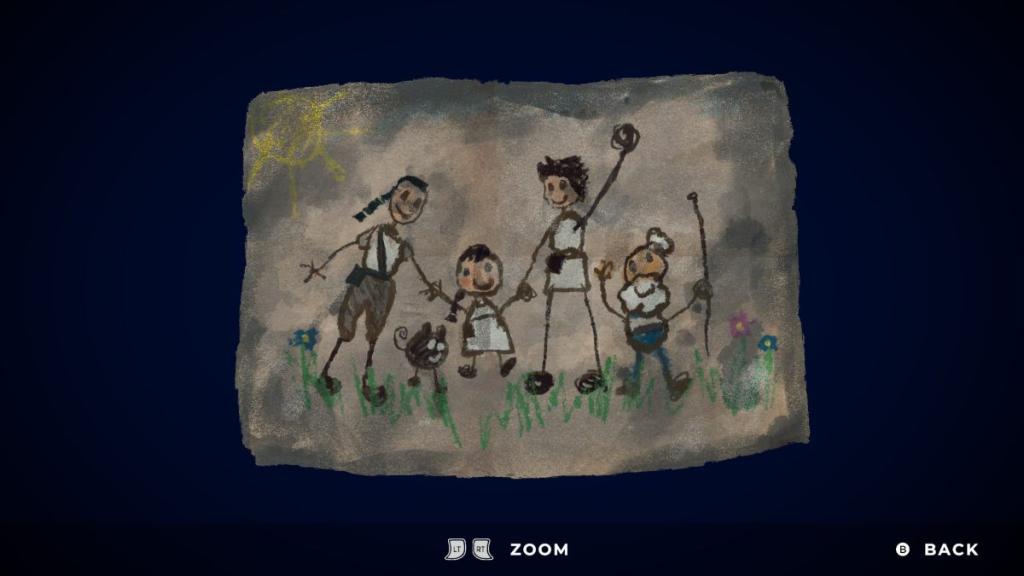 Dirty child's drawing of Ilo, Mui, Anwa, Lana, and Rakuen