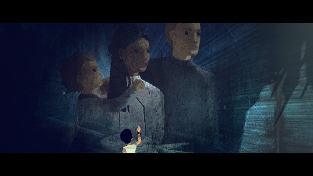 Mui reaching out and placing her hand on a mural of parents holding a toddler