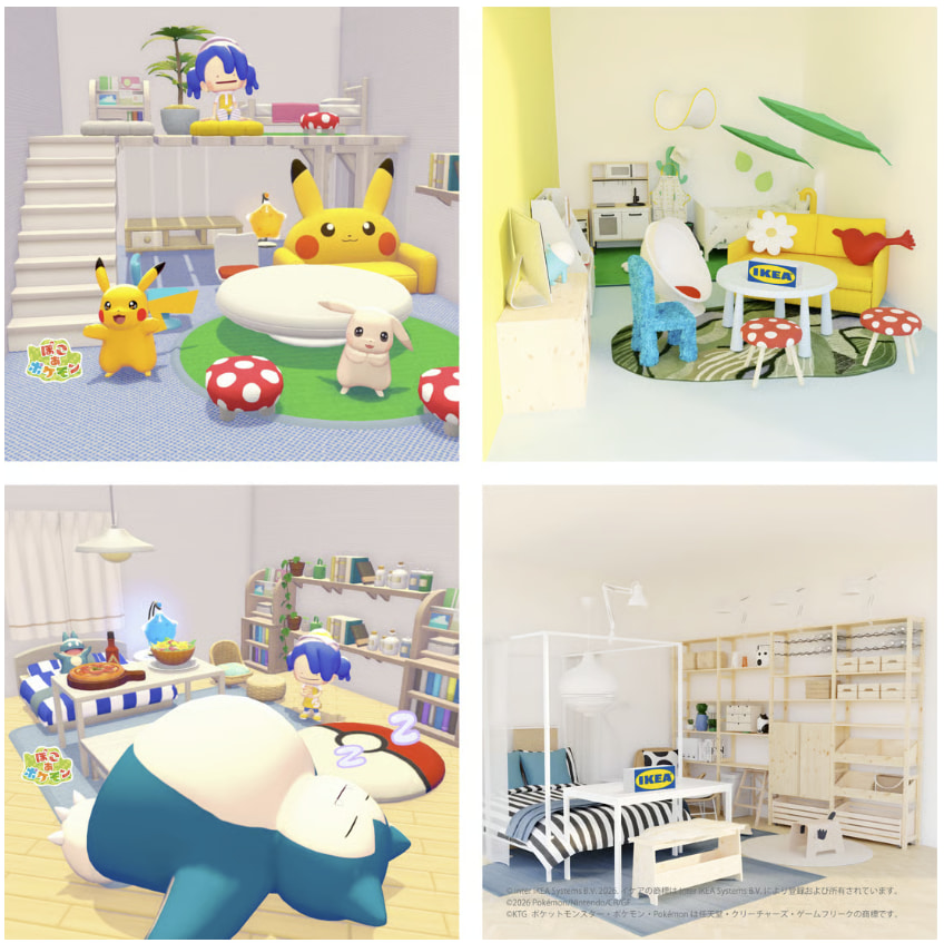 Several square images show Pokemon next to IKEA furniture.