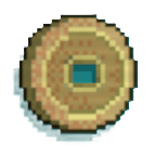 A brown coin with a circular carving in the middle