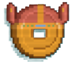 A coin that's red and orange and has ear-like designs on it.