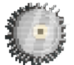 A silver coin that resembles a circular saw