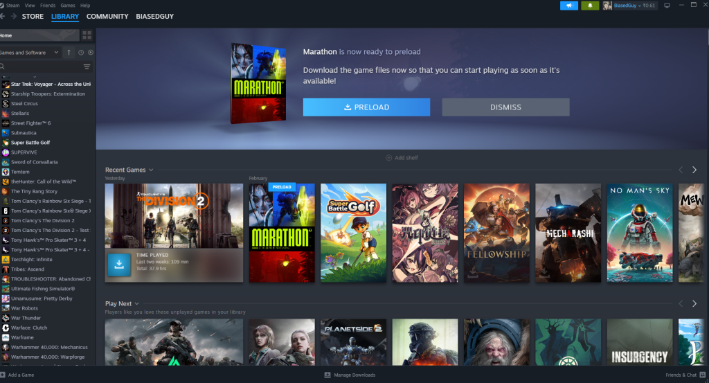 Marathon pre-load window on Steam
