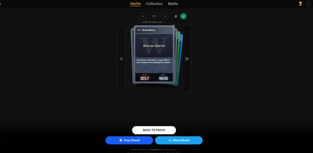 Opening packs in Wikigacha