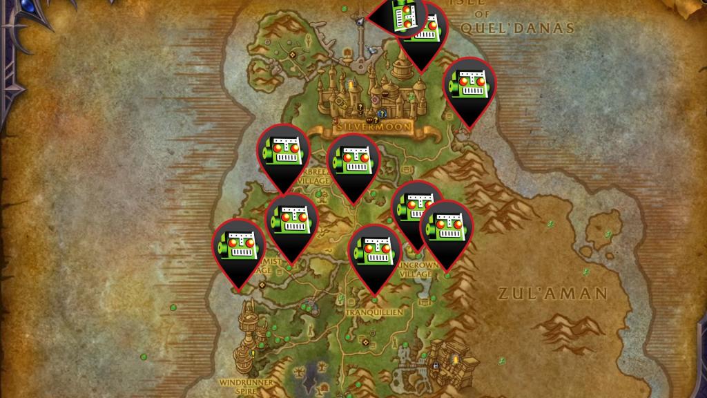 Eversong Woods map with marked locations for Skyruiding glyphs.