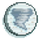 A silver coin with a tornado in the middle of it