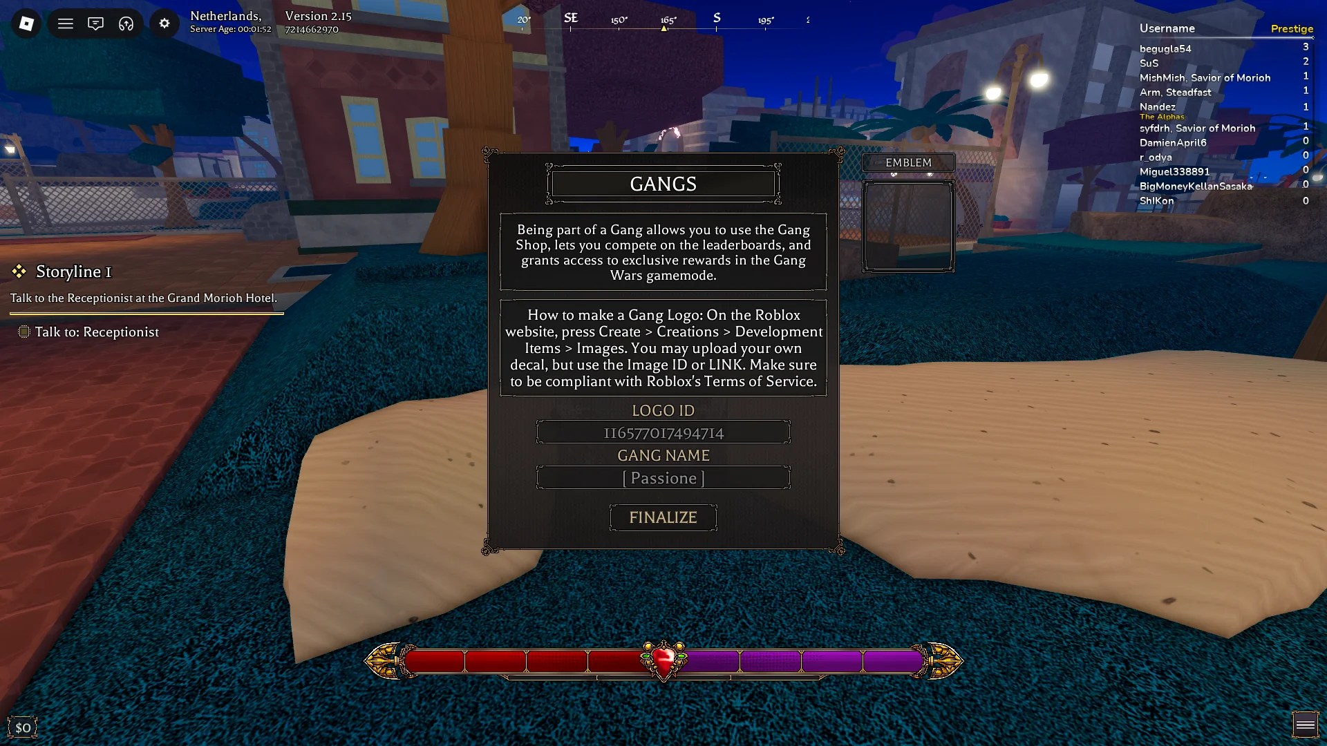 How to create a Gang in Bizarre Lineage Roblox experience.