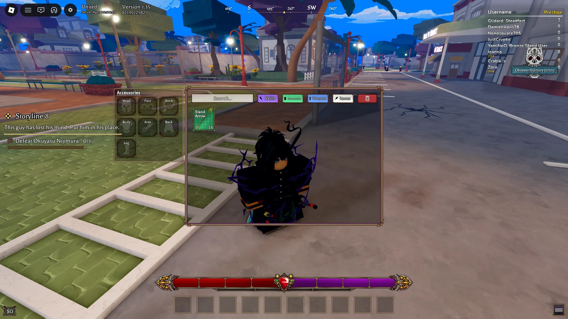 A player showing how to open your item inventory in Bizarre Lineage Roblox experience.