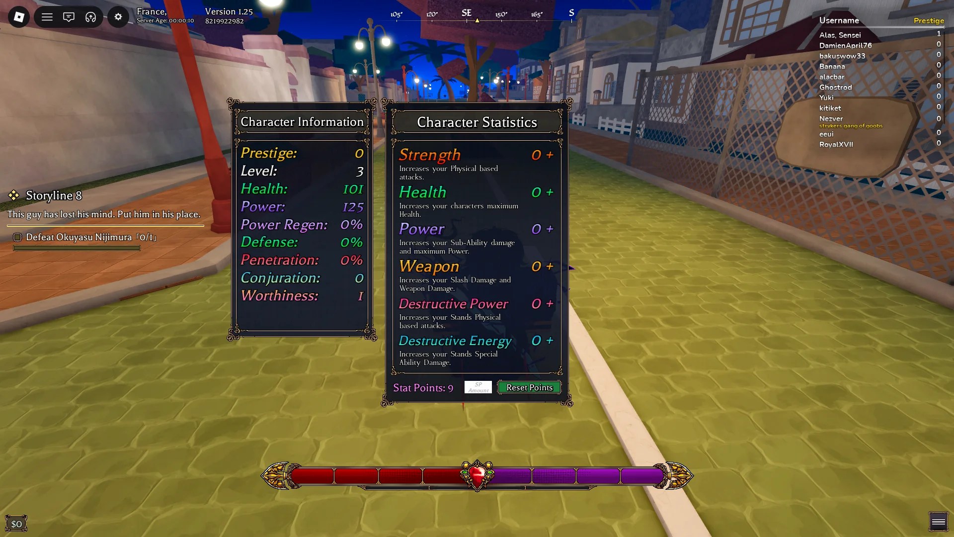 Preview of the Stats menu in Bizarre Lineage Roblox experiences with Strenght, Health, Power, Weapon, Destructive Power, and Destructive Energy on it.