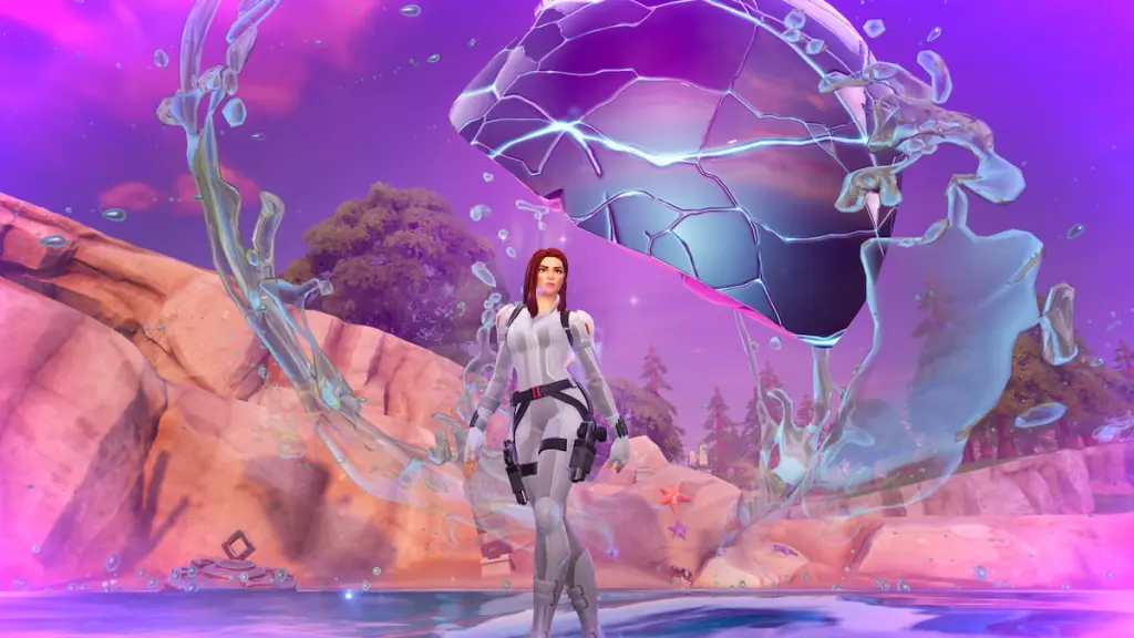 Black widow standing by zero point shard in fortnite