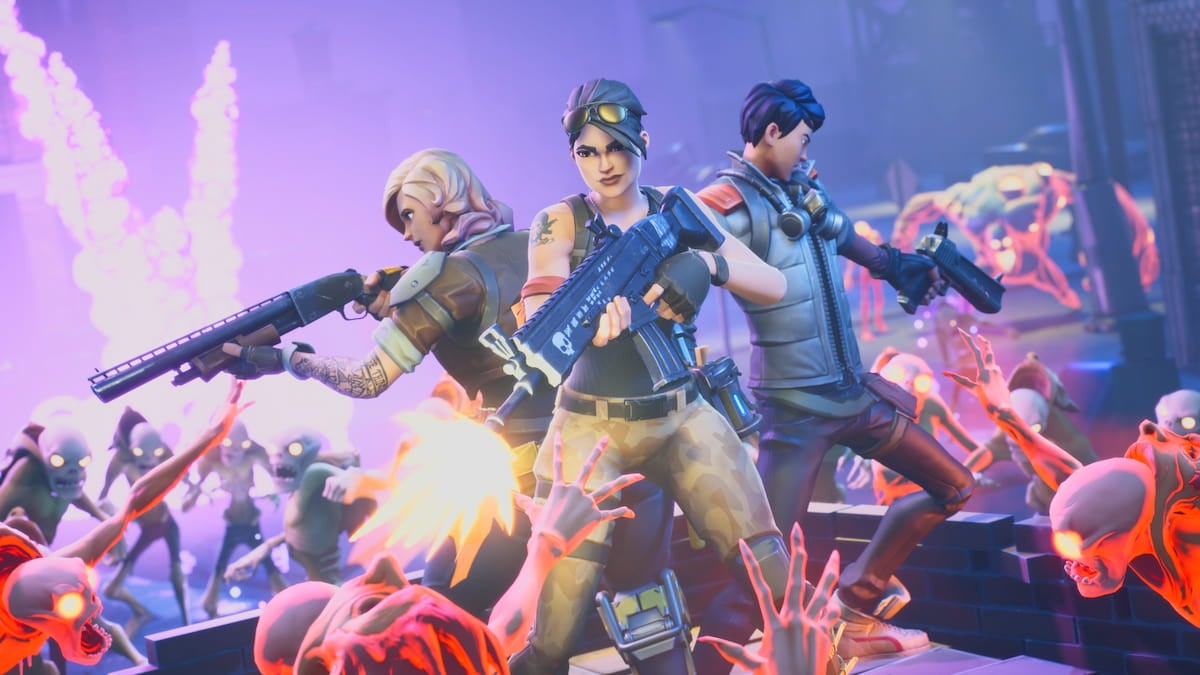 Three characters fighting back to back in fortnite save the world