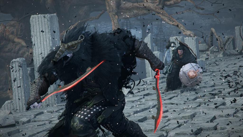 Kliff and the Crow going toe to toe on an Abyss island in Crimson Desert.