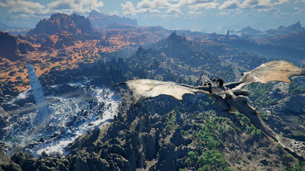 Kliff flying a dragon over Pywel in Crimson Desert.